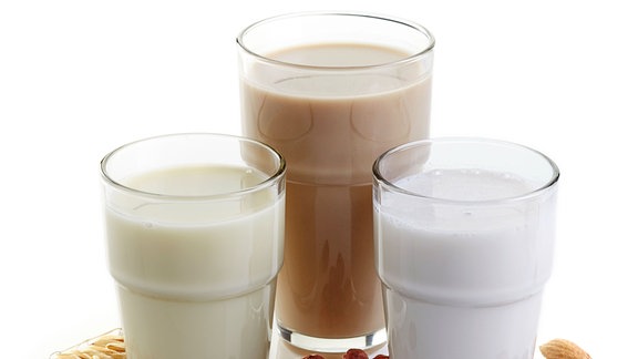 Verschiedene vegane Milch: Mandelmilch, Haselnussmilch und Hafermilch.