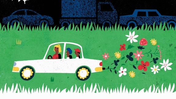 Illustration - Familie fährt umweltfreundliches Auto