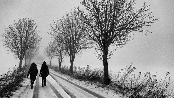Zwei Menschen laufen in einer Winterlandschaft