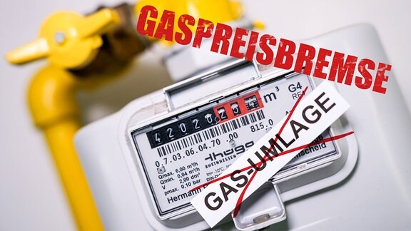 Illustration - Gaspreisbremse, Gaszähler und Gas-Umlage durchgestrichen