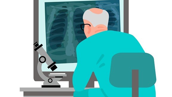 Illustration zeigt Mediziner, der Aufnahme einer Lunge auf einem Monitor betrachtet.