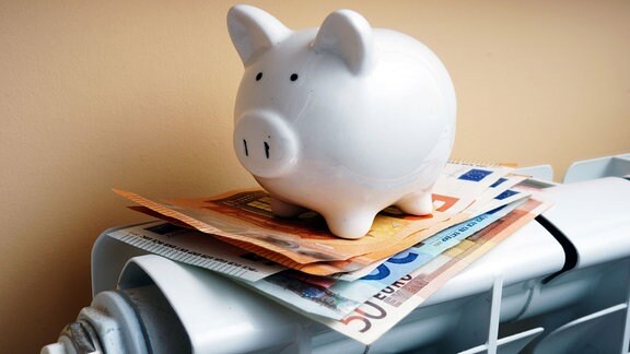 Ein Sparschwein, auf einem Stapel Geldscheine auf einer Heizung sitzend