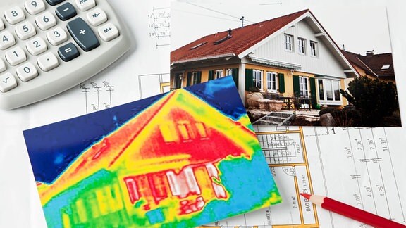 Collage: Grundrissplan, Taschenrechner, roter Buntsift, Foto von einem Haus und Haus mit Wärmebild Kamera fotografiert. 