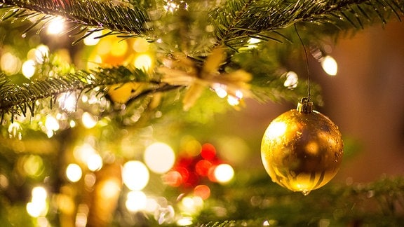 Eine goldene Kugel hängt an einem Weihnachtsbaum