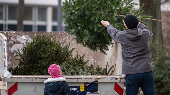Ein Mann wirft seinen Weihnachtsbaum in einen speziell dafür aufgestellten Container.