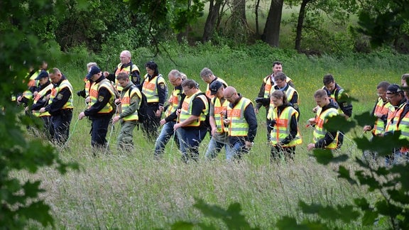 Polizisten durchsuchen ein Waldstück
