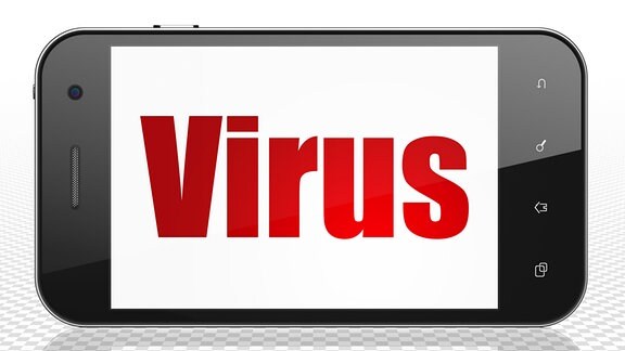 Smartphone mit rotem Text Virus auf dem Display