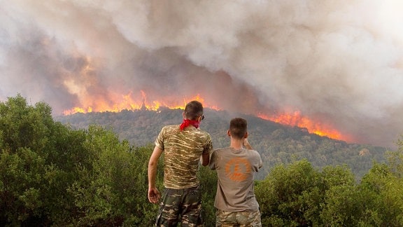 Flammen verbrennen einen Wald während eines Waldbrandes in der Nähe des Dorfes Sykorrahi, nahe der Stadt Alexandroupolis, in der nordöstlichen Region Evros.