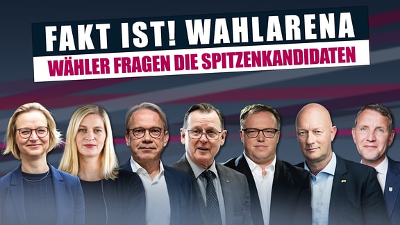 Die Spitzenkandidaten der Parteien zur Landtagswahl 2024 in Thüringen: v.l. Katja Wolf, Madeleine Henfling, Georg Maier, Bodo Ramelow, Mario Voigt, Thomas Kemmerich, Björn Höcke