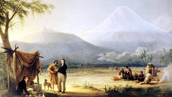 historische Zeichnung: Humboldt und Bonpland in den Anden