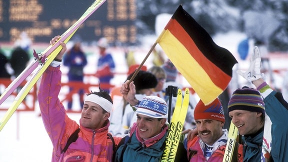 Biathlon-Olympiasieger 1992 Deutsche Männer Staffel mit Mark Kirchner, Ricco Gross, Fritz Fischer und Jens Steinigen