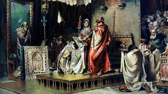 Westgoten-König Reccared konvertiert 586 in Toledo zum Katholozismus, Gemälde von Antonio Munoz Degrain, 1900