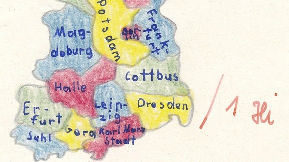Von Schüler ausgefüllte Karte zeigt Bezirke der DDR