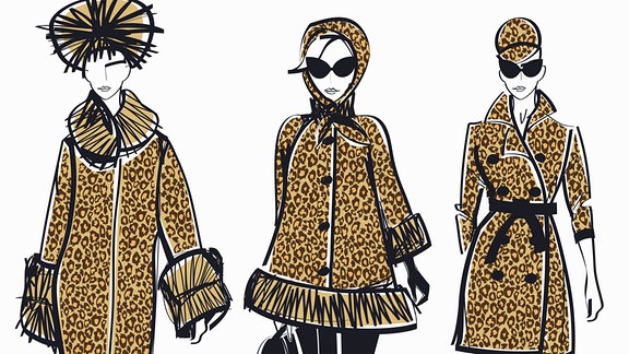 Zeichnung - Drei Models tragen Kleidung in Leopardenmuster.