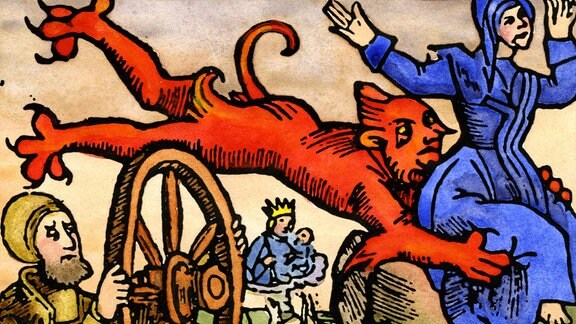 Holzschnitt zeigt einen Dämon, der die Seele einer hingerichteten Hexe davonträgt und einen Mann, der gefoltert wird.