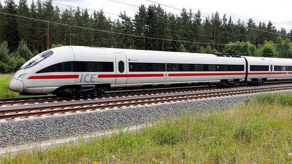 Ein ICE Zug fährt durch den Tühringer Wald