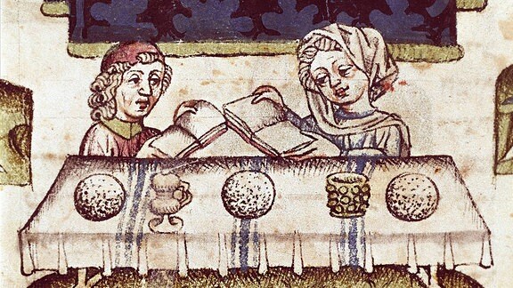 Jüdische Familie begeht das Pessach-Fest, Mittelalterliche Miniatur, Biblioteca Palatina