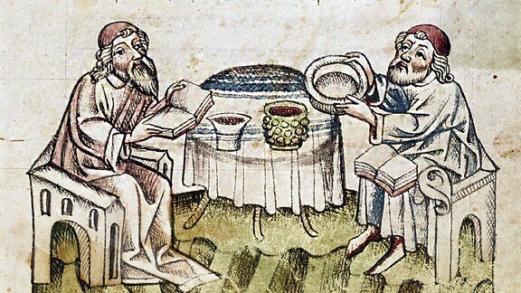 Zwei Rabbiner feiern das Pessach-Fest, Mittelalterliche Buchillustration, Biblioteca Palatina