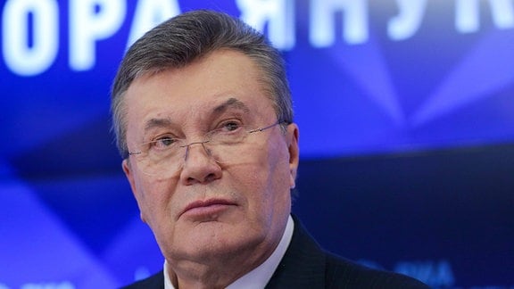 Der ehemalige ukrainische Präsident Viktor Janukowitsch auf einer Pressekonferenz in Russland, 2019