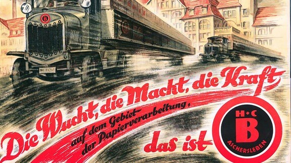 Werbeplakat der Firma Bestehorn mit Lkw und Fabrikgebäude