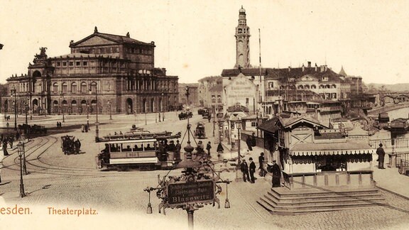 Altstadt, 1903, Theaterplatz mit Semperoper und Straßenbahn