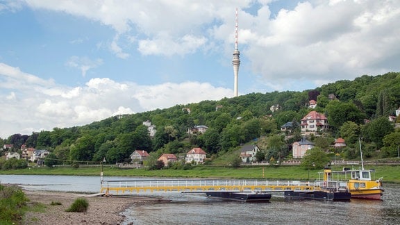Blick über die Elbe Richtung Wachwitz zum Dresdner Fernsehturm. Am blauen Himmel ziehen große Wolken entlang. 