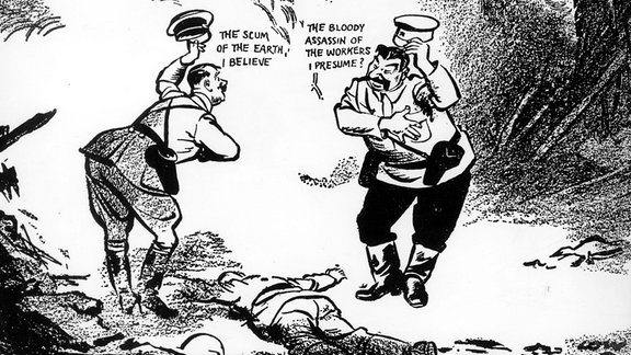 Britische Karikatur Hitler und Stalin begrüßen sich über der Leiche Polens