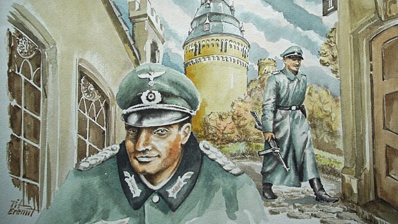 Zeichnung: Nazis auf Schloss Osterstein Gera, undatiert - 50er/60er Jahre