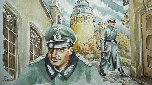 Zeichnung: Nazis auf Schloss Osterstein Gera, undatiert - 50er/60er Jahre