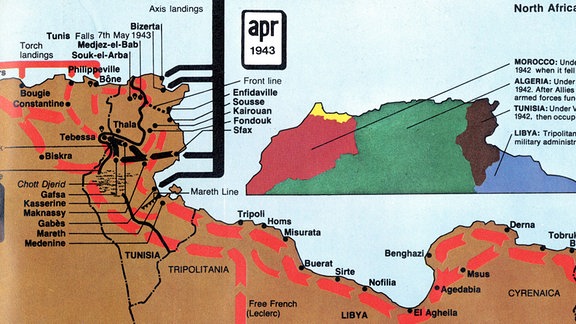 Karte vom Vormarsch der Alliierten in Nordafrika, 1943