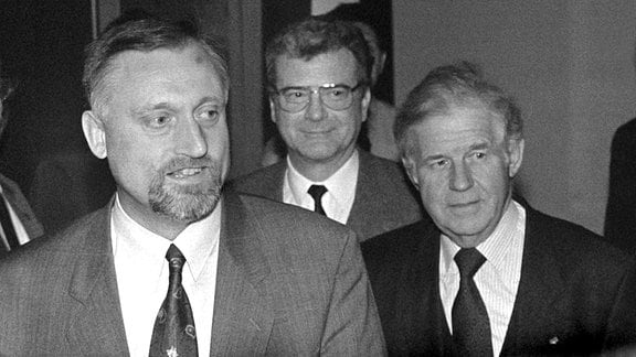 Gerd Gies (CDU, Sachsen-Anhalt), Josef Duchac (CDU, Thüringen) und Kurt Biedenkopf (CDU, Sachsen), 1991 