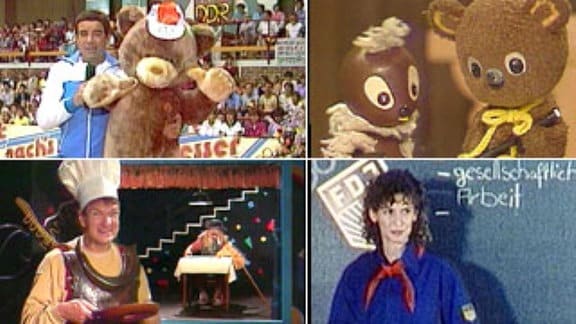 Sechs verschiedene Ausschnitte aus dem DDR-Kinderfernsehen: Adi in Machs mit machs nach machs besser, Pittiplatsch aus dem Märchenland, Gixgax, Brummkreisel, Mibil und Ellentie