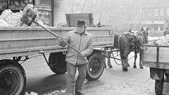 Winterdienst 1985 in Leipzig; ein Mann schaufelt Schnee auf einen Pferdehänger