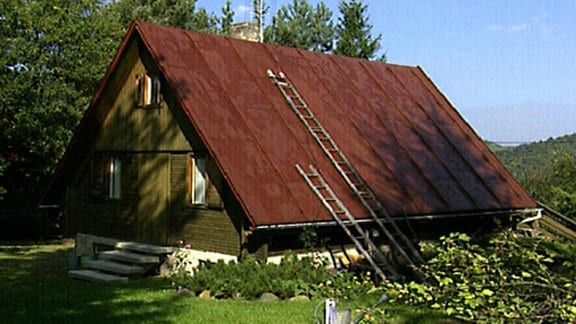 Gartenhaus mit fast bis zum Boden gezogenem Dach