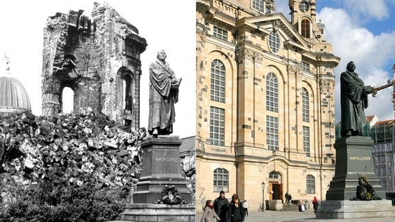 Die Bildkombo zeigt zwei Ansichten der Dresdner Frauenkirche mit dem Denkmal von Martin Luther, von 1971 und 2006