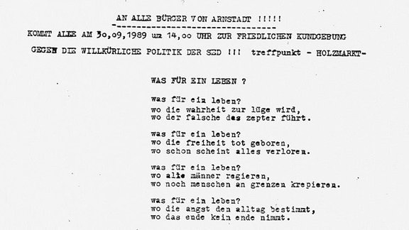 Flugblatt geschrieben von Günther Sattler, mit dem zur ersten Demo in Arnstadt am 30.09.89 aufgerufen wurde.