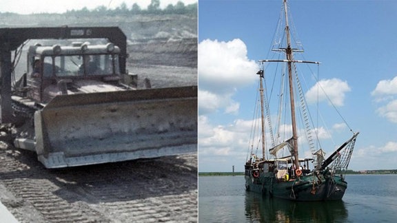 Raupe richtet im Tagebau Goitzsche Förderband für Kohle aus - Ein Segelschiff auf der Goitzsche