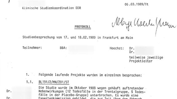 Protokoll einer Besprechung bei der Hoechst AG über die klinische Studienkoordination in der DDR