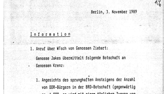Die Vorschläge von Miloš Jakeš an SED-Generalsekretär Krenz: DDR-Bürger in ein beliebiges 3. Land ausreisen lassen, Genosse Jakeš bittet um möglichst sofortige Entscheidung.