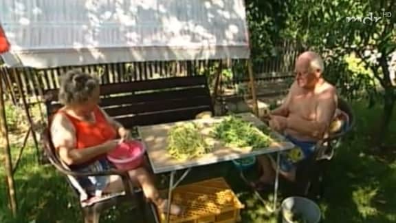 Eine Frau und ein Mann sitzen an einem Gartentisch mit Bohnen.