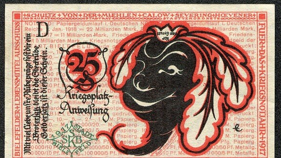 Ein 25-Pfennig-Notgeldschein, bedruckt mit einer sprechenden Steckrübe.