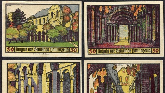 Vier Notgeldscheine einer 6er-Serie mit Ansichten der Klosterruine Paulinzella