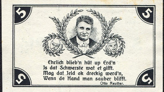 Ein Fünf-Pfennig-Schein einer 3er-Serie aus Gardelegen, mit einem Bild und Zitat von Otto Reutter bedruckt