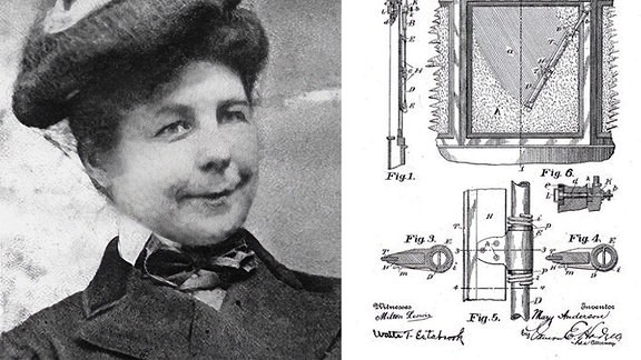 Mary Anderson, Erfinderin des Scheibenwischerblatts und Schema ihres Fensterreinigungsgeräts von 1903.