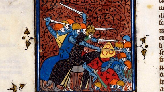 Karl der Große bekämpft die Sachsen Miniatur den Chroniken von Frankreich, Mitte 14. Jahrhundert
