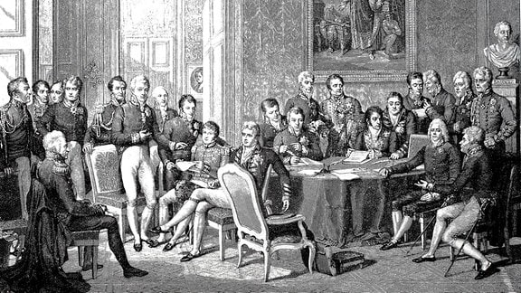 Der Wiener Kongress, der vom 18. September 1814 bis zum 9. Juni 1815 stattfand, wurde von den Bevollmächtigten der acht am Pariser Frieden beteiligten Mächte besucht, digitale verbesserte Datei eines Originaldrucks aus dem 19. Jahrhundert