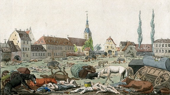 Ansicht des Grimmaschen Tores in Leipzig am 20. Oktober 1813, Ernst Wilhelm Straßberger, kolorierte Radierung, um 1813 
