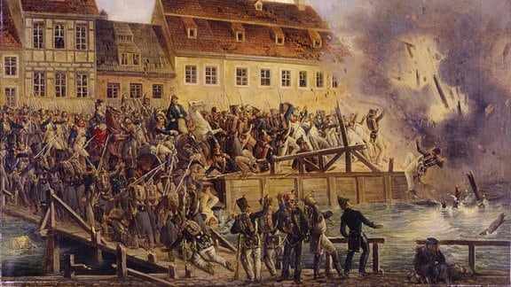 Sprengung der Elsterbrücke am 19. Oktober 1813, Ernst Wilhelm Straßberger, Öl auf Leinwand um 1850