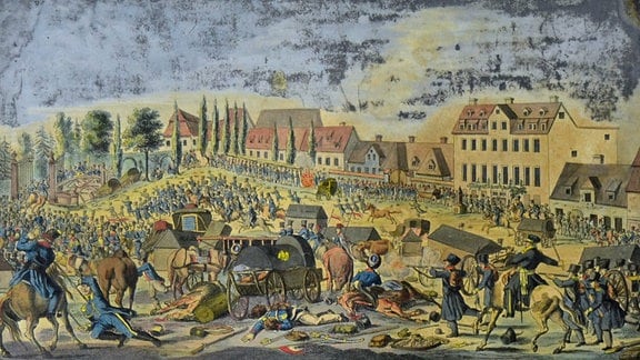 Ansicht des Fleischerplatzes in Leipzig am 19. Oktober 1813, Christian Schule, kolorierte Radierung, um 1813