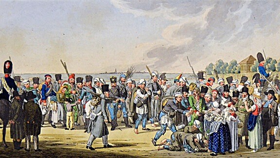 Einzug österreichischer, russischer und preußischer Gefangener in Leipzig am 4. September 1813, Christian Gottfried Heinrich Geißler, kolorierte Radierung, um 1813